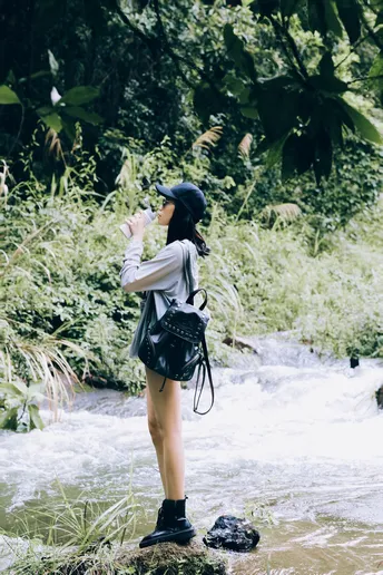 一位年轻女子手持相机 正在为一只站在岩石上的鸟儿拍照 该岩石位于森林中的一条溪流中。