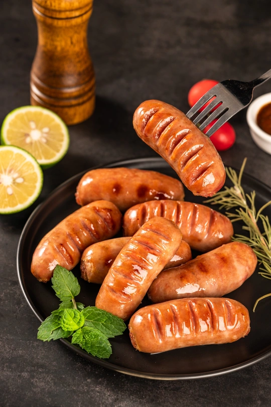 在煎锅里用黑盘子烤香肠