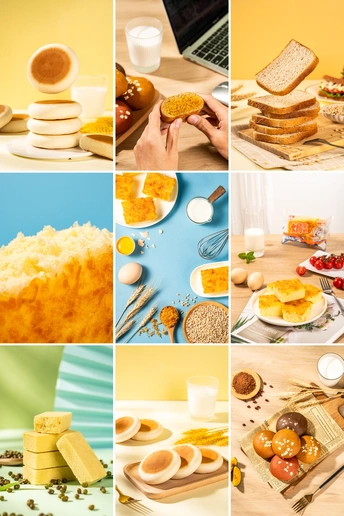 一桌子上摆放着各种食物的拼贴画