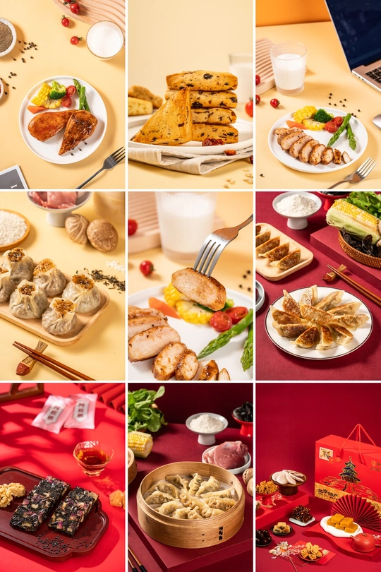 一张桌子上有各种食物图片和一台笔记本电脑的拼贴画。