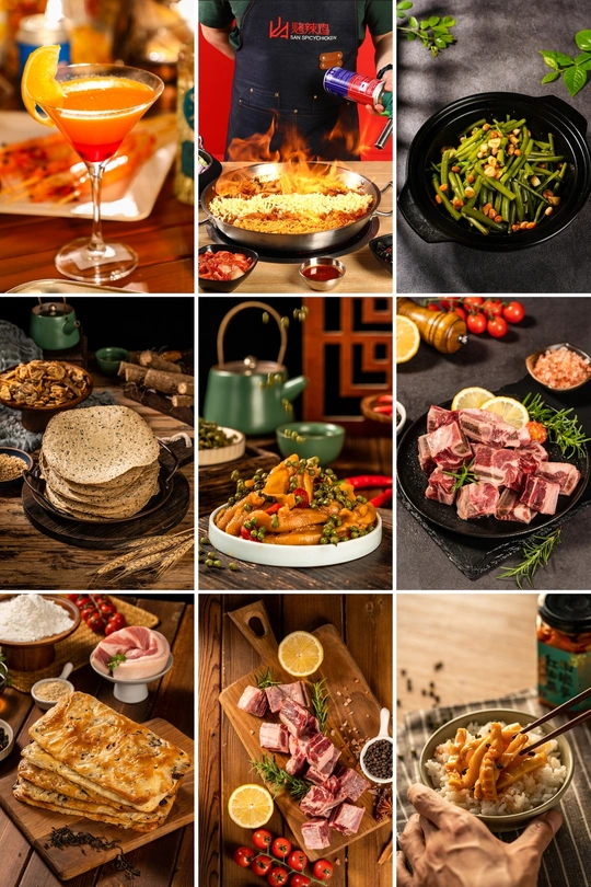 一桌子上摆放着各种食物的拼贴画