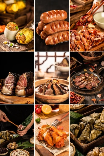 各种食物的各种菜肴的拼贴画