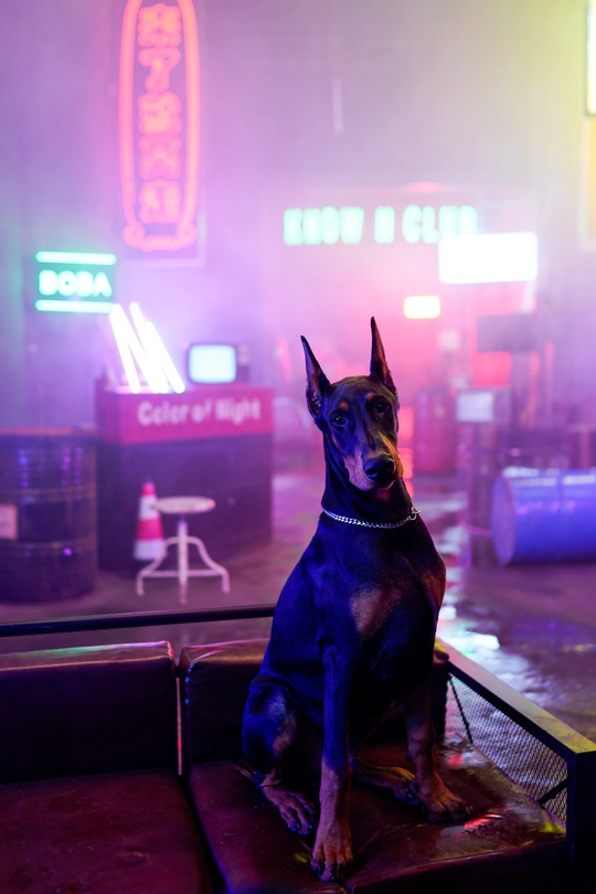 一只狗坐在一个霓虹灯前的一把椅子上