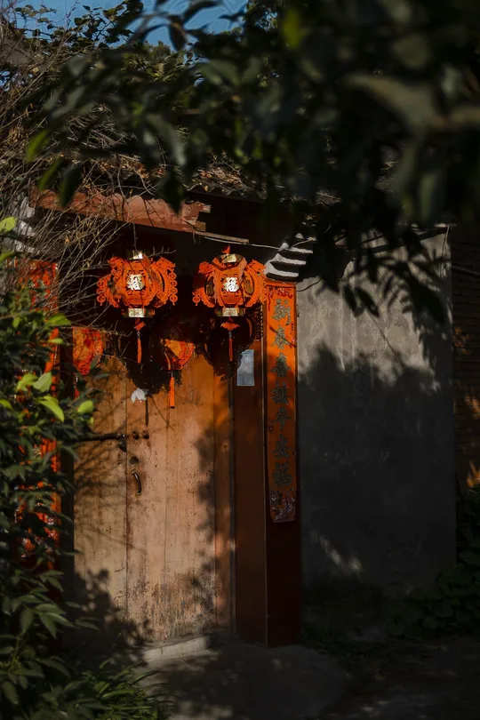 一座带有木门和树木的老建筑