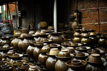 桌上有许多花瓶。