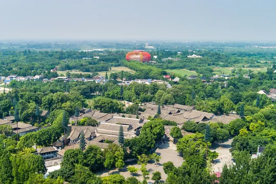 远处的热气球 大面积的树木和房屋的空中视图