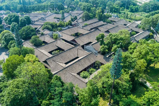 一个大庄园的空中视角 周围环绕着房屋和树木。