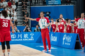 在比赛中 有一支中国球员组成的队伍在场地上。