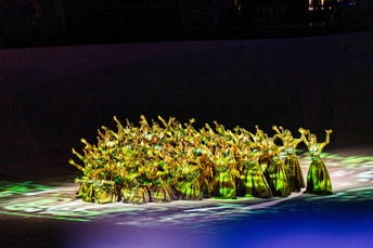 一些舞者在舞台上表演 穿着绿色冰鞋。