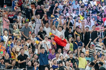 挥舞国旗并欢呼的人群