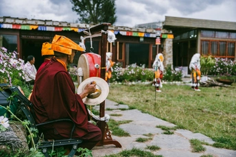一个人坐在花丛中的花园里 身着僧袍的和尚戴着帽子