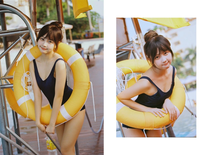 一位穿着泳装的女士在游泳池边的照片