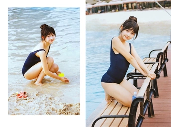 一位穿泳装在海滩上的女士 一位穿泳装在水边的女士