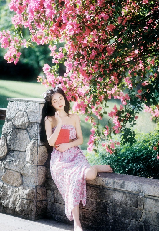 一位穿着美丽裙子的年轻女子坐在石头墙上 前面有一棵开满粉红色花朵的树。