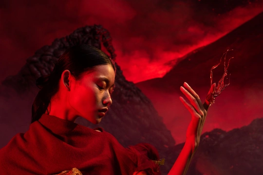 一个女人在一座着火的山前把手举在空中