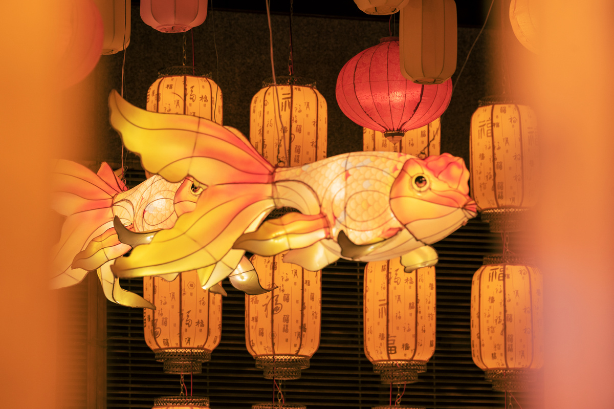 挂在天花板上的中国灯笼 顶部有一条鱼。
