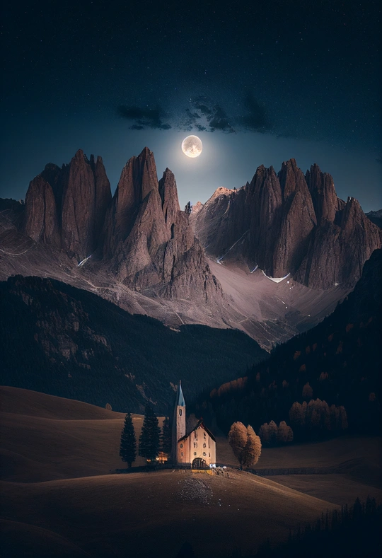 夜晚的山中教堂 满月