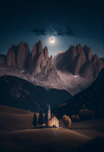 夜晚的山中教堂 满月