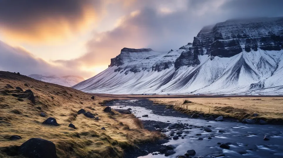 日落时山脉和溪流