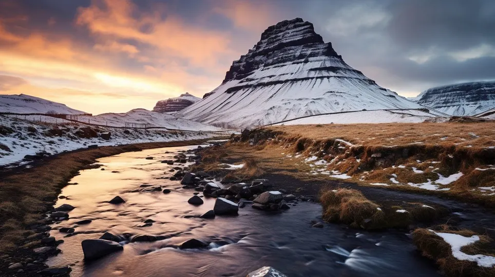 雪景 夕阳 溪流 山脉