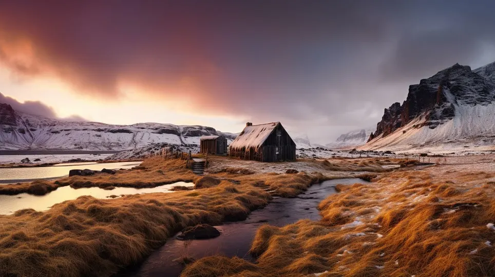 湖中的老房子 背景是山