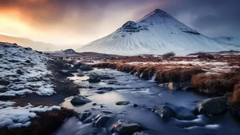 雪景 山 日落 流水