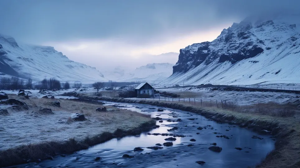 一个小溪流经雪山之间