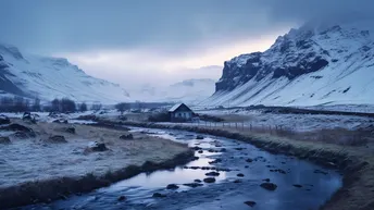 一个小溪流经雪山之间
