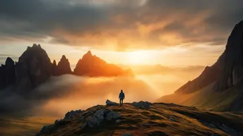 站在山顶上的人正在凝视着山脉和云海的美景。