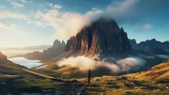 一个人站在山谷里 背景是山脉。