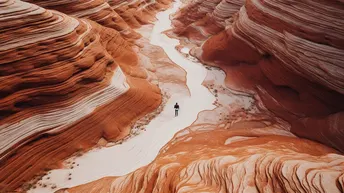 一个人站在峡谷中央 有红色的沙和水。