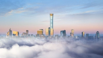 云层上的摩天大楼和其他高楼的景观