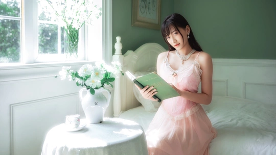 一个穿着粉红色连衣裙的年轻女子在一个卧室里阅读一本书 卧室里有一张白色的桌子和窗户。
