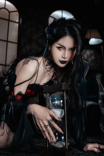 一个穿着哥特风格女孩拿着一个沙漏