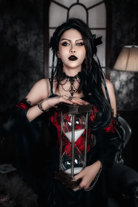 黑色和红色的哥特女孩拿着灯笼
