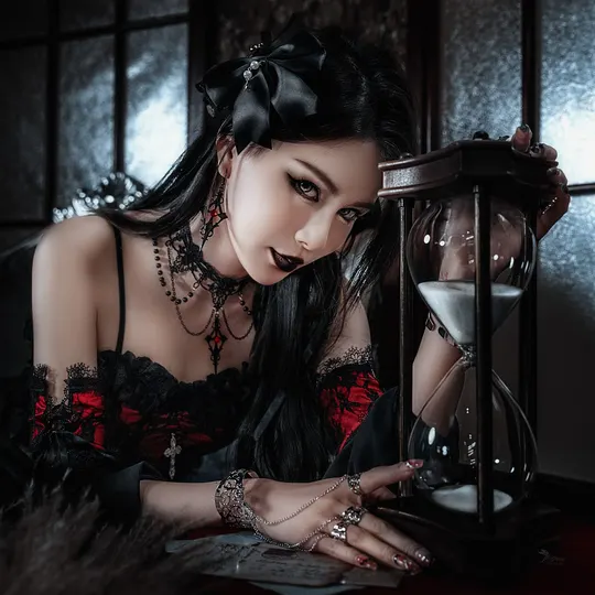 一个穿着黑色衣服的女人坐在沙漏旁边