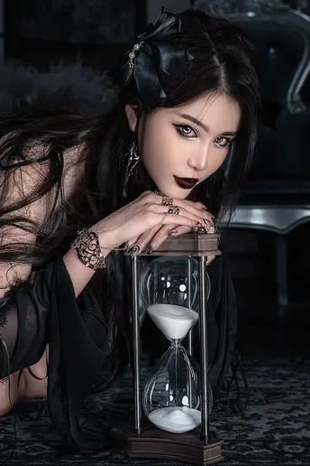 一位穿着黑色衣服 腰间挂着沙漏和沙子的美丽女子