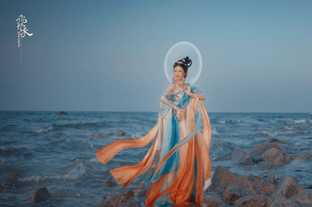 一位穿着蓝色连衣裙的美女站在海滩上 靠近海洋 凝视着水面上的月亮。