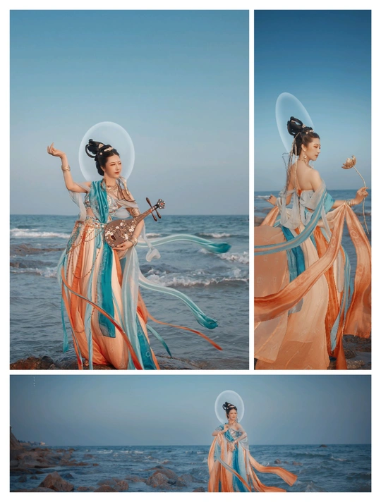 一位身着和服的美丽女子在海边的沙滩上