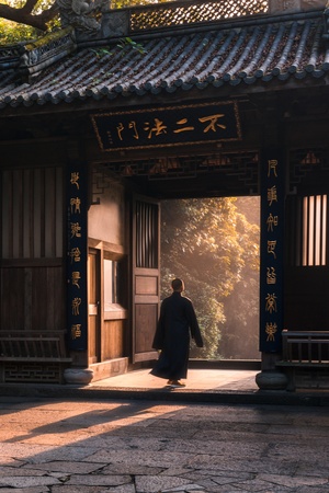 一个穿过传统建筑大门的男子 前面站着一个人。