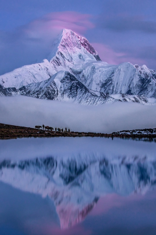 雪峰的山在湖面的平静的水中得到倒影