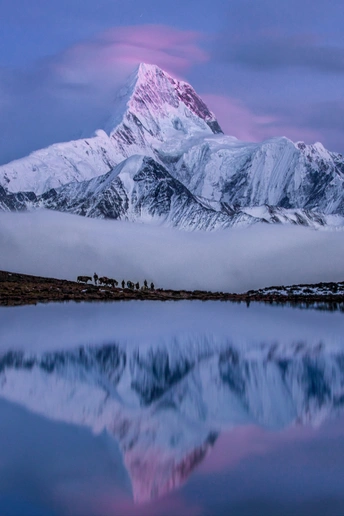 雪峰的山在湖面的平静的水中得到倒影