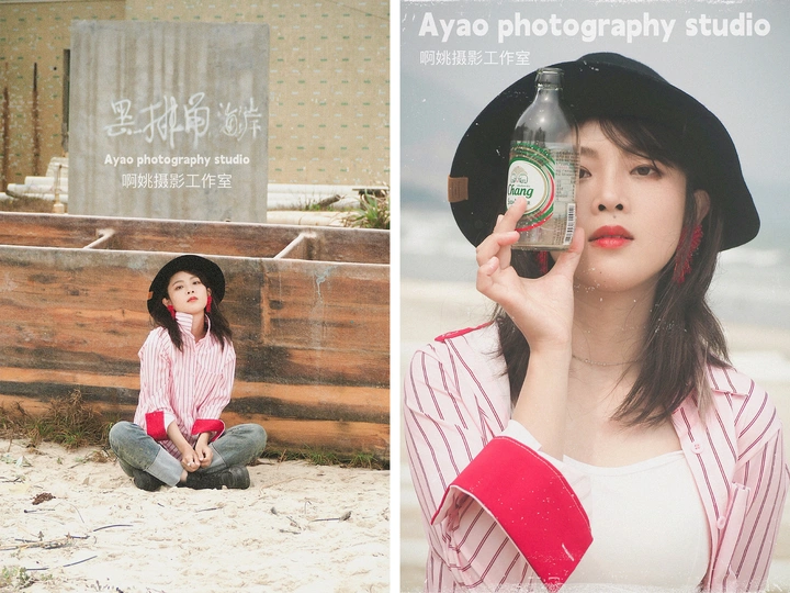 一位戴帽子女士拿着一瓶饮料在沙滩上