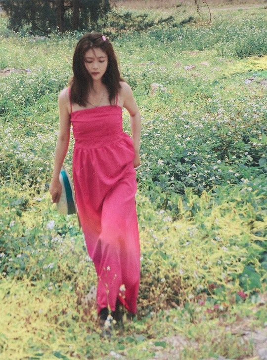 一位穿着粉红色连衣裙 手持雨伞 穿过花丛和草地的年轻女子。