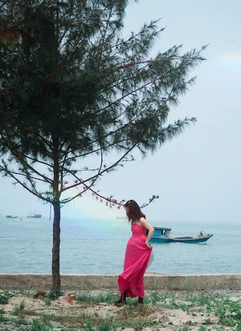 一位穿粉色裙子的女人站在海滩上 眺望着远方的大海 远处有树和船。