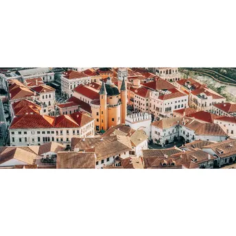 panoramic photograph of an old town with red roofs