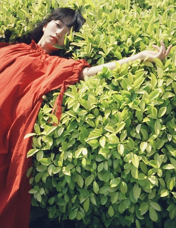 一位穿着红色连衣裙的女人在绿色灌木丛前摆姿势