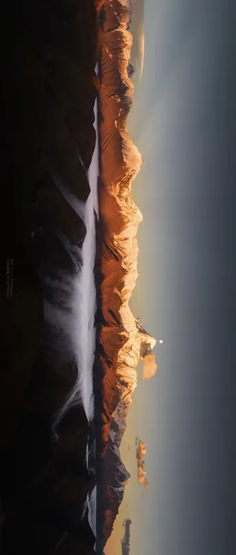 太阳照亮了峡谷中的山和水。