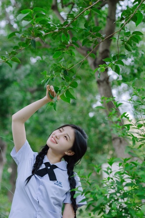 一位穿着校服的年轻女子在森林里捡树叶