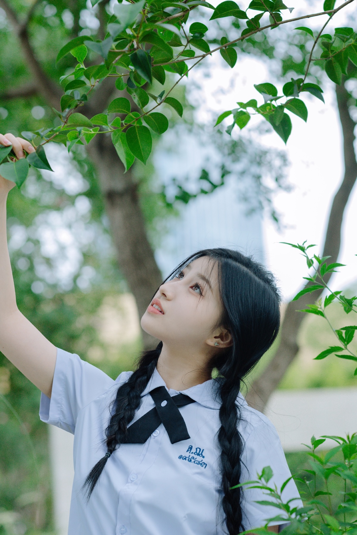 一个穿着校服的小女孩拿着植物的枝条